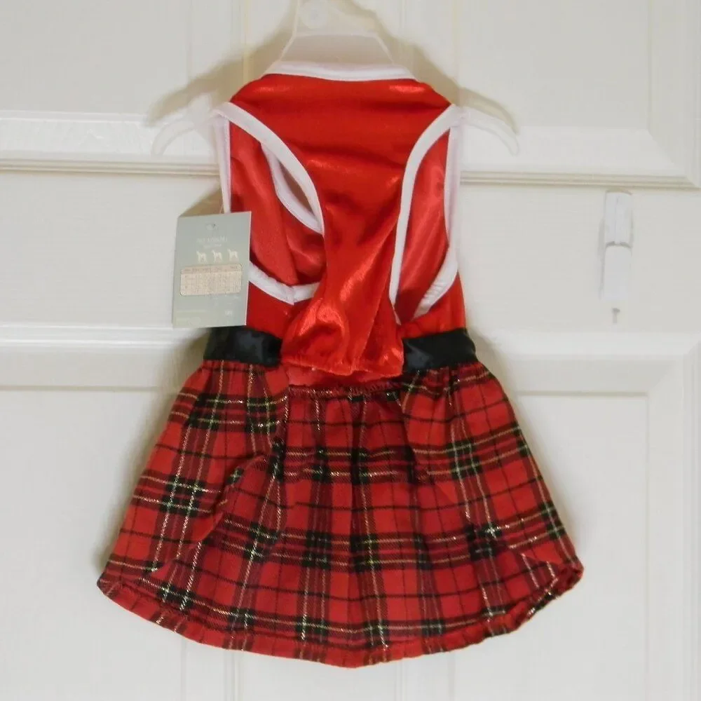 Urban Essentials Pets Christmas Dog Dress Plaid Skirt Holiday Red Gold NWT